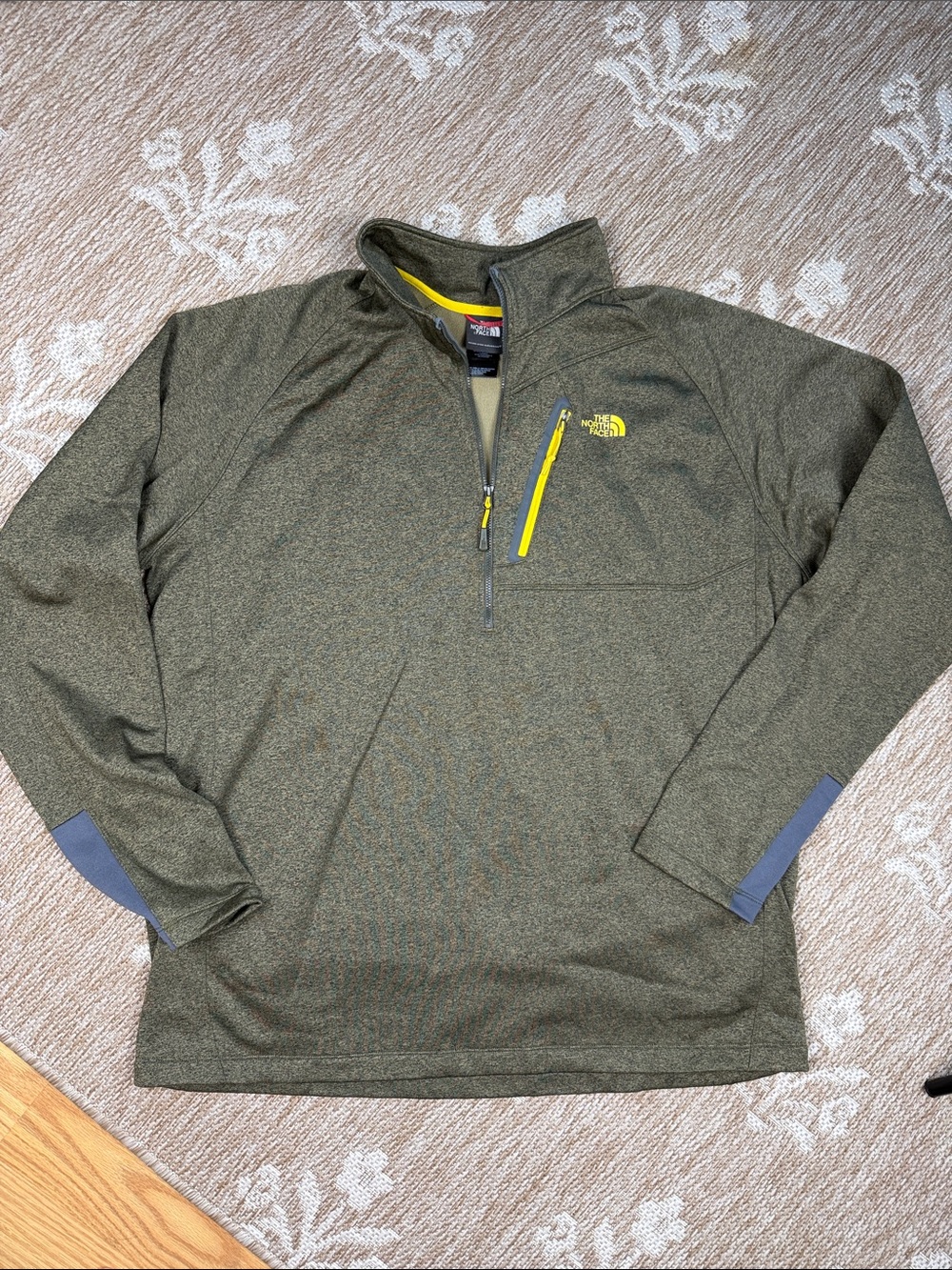 The North Face Olive Green Performance Quarter-Zip with Yellow Accents